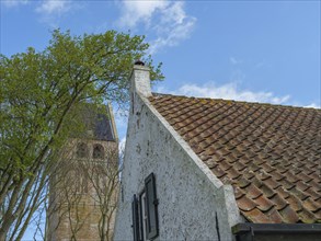 An old house with a red tiled roof next to a large tree and a church under a sunny blue sky,