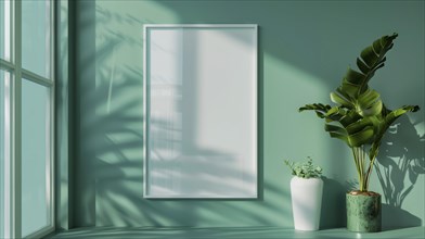 Empty frame in a green-walled room with plants and window shadows, AI generated
