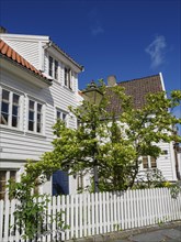 White houses with red tiled roofs and green trees, lamps and white fence, sunny day, white wooden