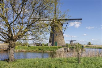 Windmill and tree next to a body of water in beautiful spring weather and clear sky, many historic