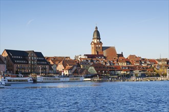 Town view with town harbour on Lake Mueritz, St. Mary's Church, Waren, Mueritz, Mecklenburg Lake