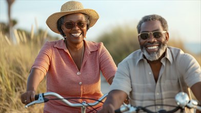 Happy african american couple riding bikes on the ocean boardwalk. generative AI, AI generated