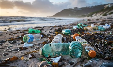 Beach littered with plastic bottles and garbage, ecological problems AI generated