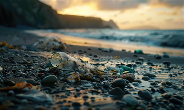 Plastic pollution on a remote beach AI generated