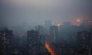 Urban landscape shrouded in smog with tall buildings barely visible AI generated