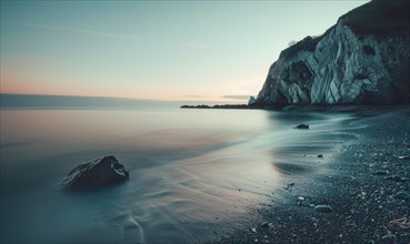 A serene coastal landscape with soft morning hues illuminating the shoreline AI generated