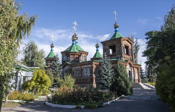 Russian Orthodox Church Cathedral of the Holy Trinity, wooden church with green spires, Karakol,