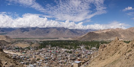 Panorama over Leh and the Indus Valley to Stok Kangri, 6153m, Ladakh, Jammu and Kashmir, India,