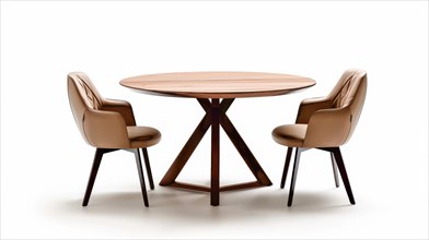 A simple yet modern round wooden dining table with matching chairs, AI generated