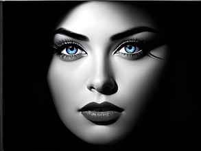 Monochromatic close up fashion portrait with blue eye, AI generated