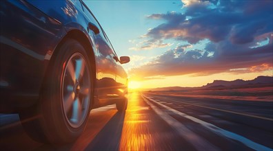 Low angle view of a modern luxury car on a road trip with a sunset in the background, AI generated