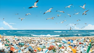 Illustration painting of a polluted beach covered with plastic trash, Illustrating the concept of