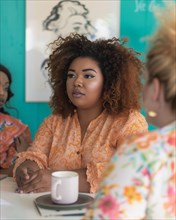 Concentrated plus size woman with curly hair engaged in a professional office meeting, AI generated
