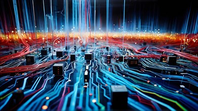 Illustration of abstract data stream cascades over a circuit board transforming into swirling