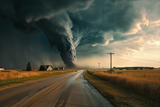 Disaster catastrophe storm concept, tornado in a field in the USA with wooden house and road under