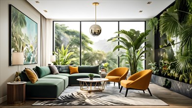 Luxury living room in a modern biophilic concept design with green and yellow sofa, AI generated