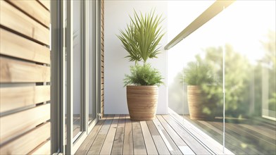 A balcony with a glass railing and a potted plant. AI generated