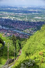 View from the Koenigstuhl station with the Koenigstuhlbahn, Heidelberg mountain railway, funicular