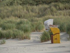 A quiet beach landscape with beach chairs and grasses in front of the dunes under a cloudy sky,