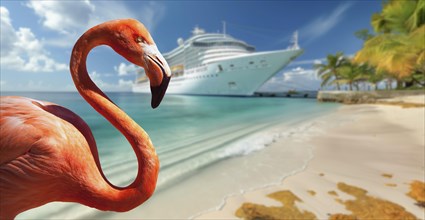 Beautiful tropical flamingo on the sandy shore with docked cruise ship in the background