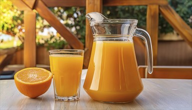A glass of orange juice and a carafe on a wooden table outside, sunny background, AI generated, AI