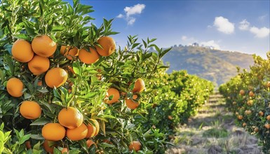Extensive orange plantation with mountains and blue sky in the background, AI generated, AI