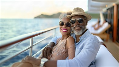 Happy african american senior couple portrait on the relaxing deck of their luxury cruise ship.