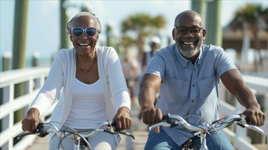 Happy african american couple riding bikes on the ocean boardwalk. generative AI, AI generated