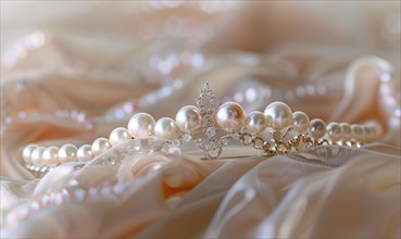 Pearl tiara arranged on a plush satin material background AI generated