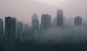 Urban landscape shrouded in smog with tall buildings barely visible AI generated