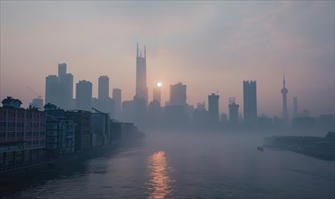 A city skyline obscured by thick smog, Industrial AI generated