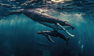 A mother and calf humpback whale swimming together in tropical waters AI generated