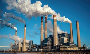 A power plant emitting pollution from its smokestacks AI generated