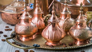 Metal, copper, copper teapots and tea sets, Arabia