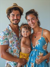 Casual dressed young family with a toddler, wearing tropical print clothes, AI generated
