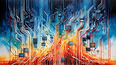 Illustration of abstract data stream cascades over a circuit board transforming into swirling