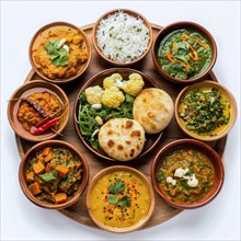 Colorful Indian thali with an assortment of vegetarian dishes, rice, and naan bread, garnished with