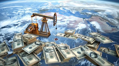 Oil rig pumping money from the earth. Concept of earth resource exploitation and corporate greed,
