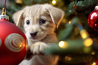 Young dog playing with christmas tree baubles, AI generated