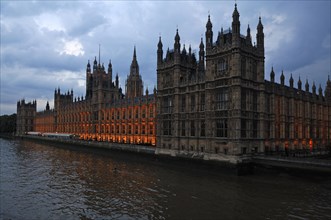 Palace of Westminster at dusk, St Margaret Street, London, England, Great Britain