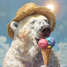 A melting polar bear enjoys ice cream under the sun while wearing a straw hat. The sky is blue and