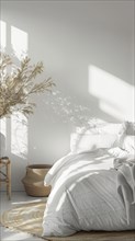 Cozy white bedroom with a lot of natural light. AI generated