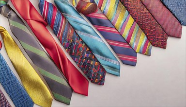 A variety of different coloured ties with different patterns on a light background, AI generated,