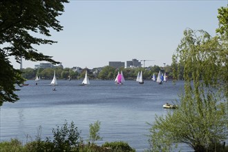 Symbolic picture weather, leisure activity, summery spring, sailing boats and rowing boats against