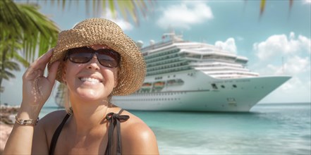 Beautiful vacationing woman on tropical shore with cruise ship in the background