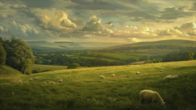 Sheep grazinging in a lush meadow with rolling hills under a dramatic sunset sky, AI generated