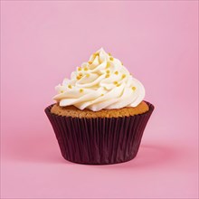 Cupcake with swirls of buttercream frosting in vanilla against pastel pink background, AI generated