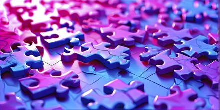 Illustration of scattered magenta and blue puzzle pieces sprawled across as a wallpaper background,