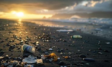 Plastic pollution on a remote beach AI generated