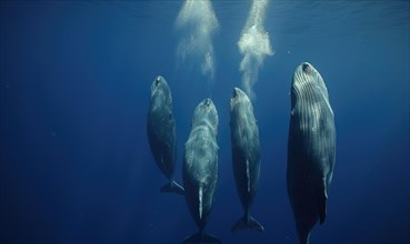 A family of sperm whales diving into the depths of the ocean AI generated